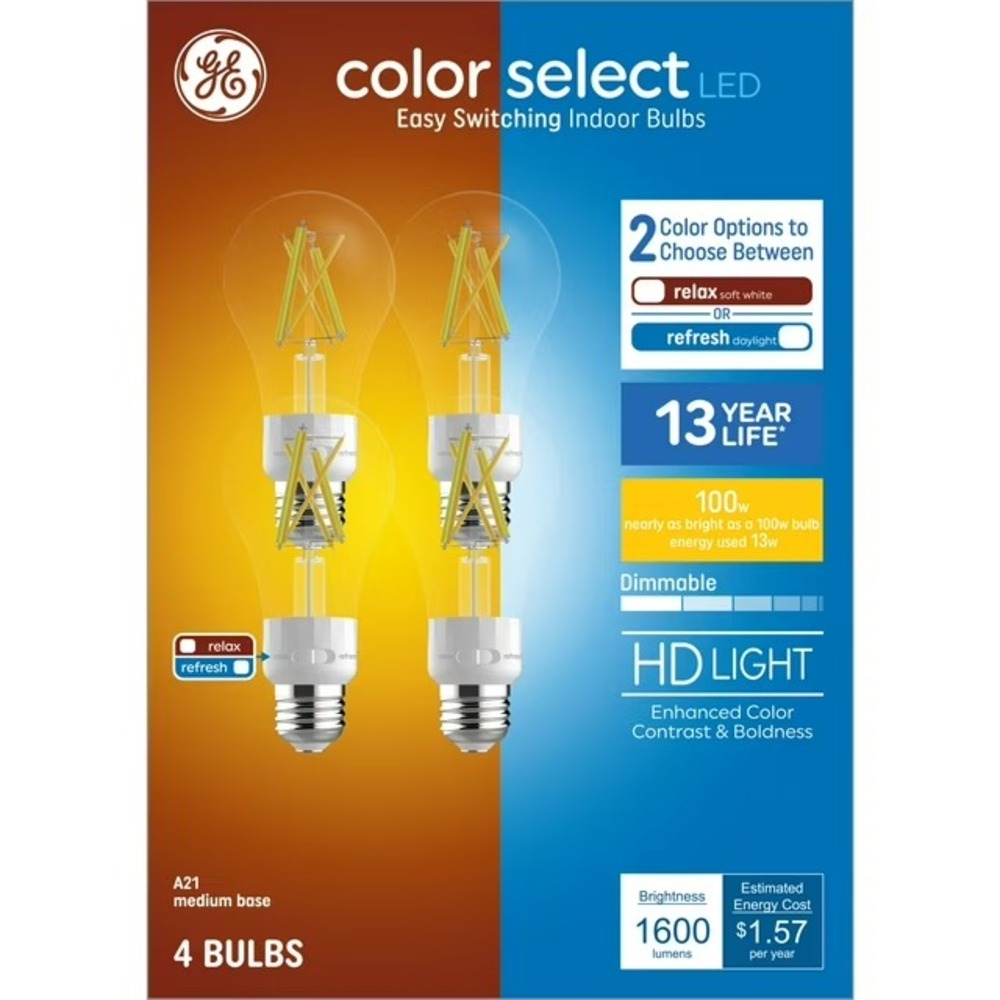 GE Color Select LED Light Bulbs, 100 Watt, A21 Bulbs, Medium‎ Base, 4pk